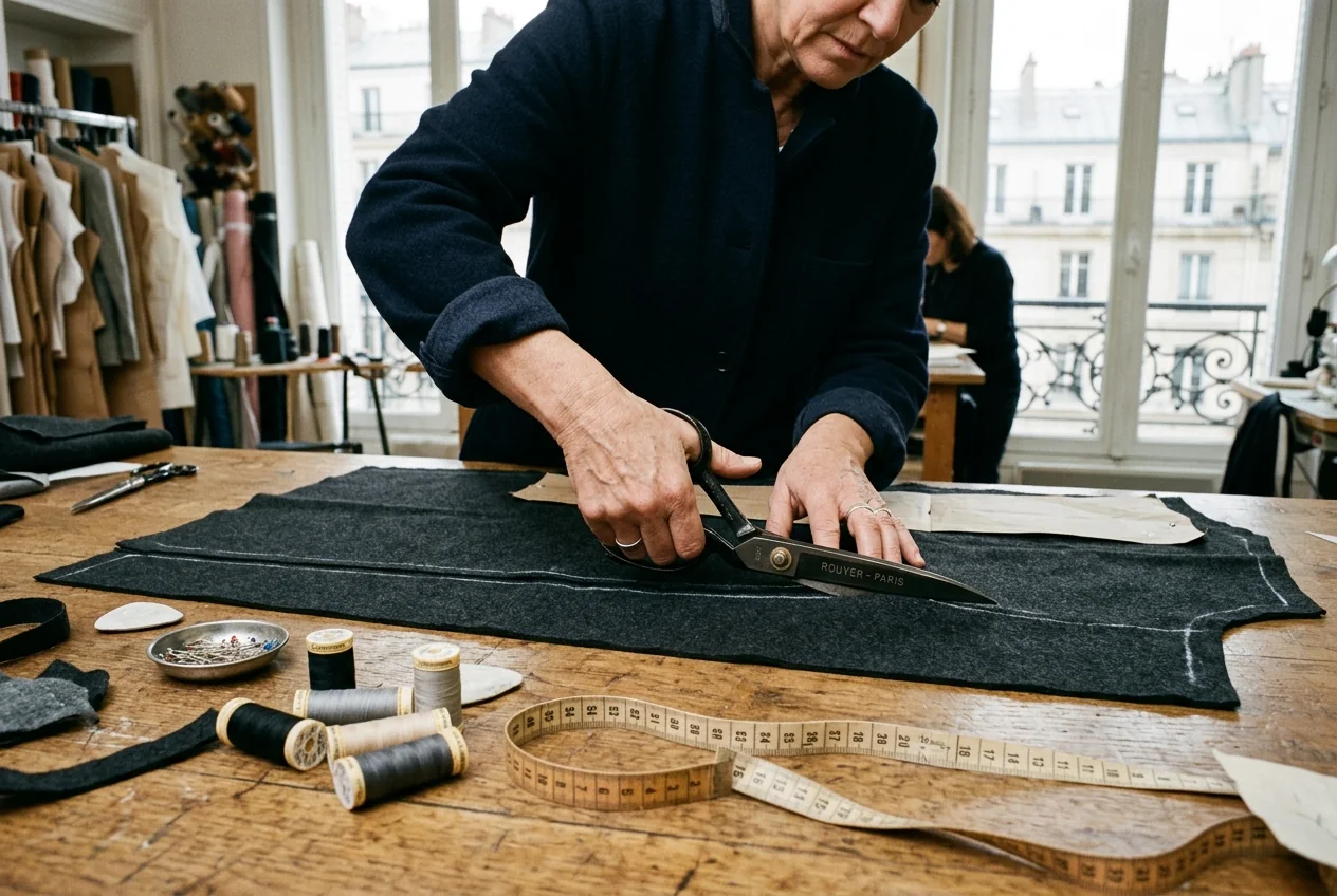 Atelier de confection parisien, coupe aux ciseaux et travail du patron